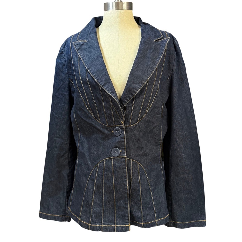 Monroe & Main 18 Dark Blue Denim Contrast Stitch Radiated Panel Blazer Office
